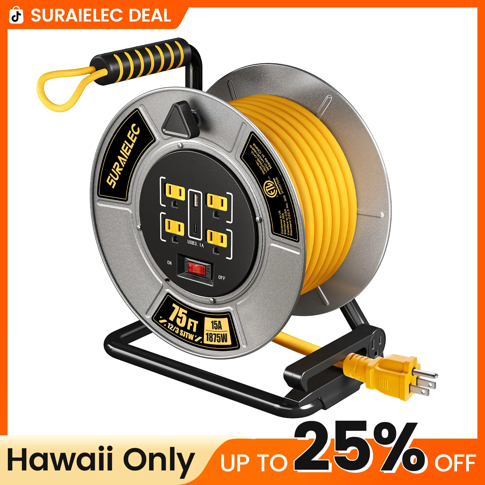 SURAIELEC 12 Gauge Extension Cord Reel, Metal Steel Cable Drum, 75 Ft 12AWG