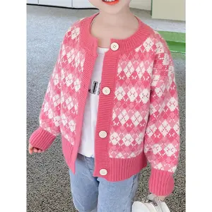 Girls' Open Front Cardigan Sweater Jacket, Stylish Knitted Plaid Casual Top with Fleece Lining for Spring and Autumn, 1pc