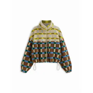 Cider Fleece High Neck Two Tone Checks Drawstring Oversized Jacket