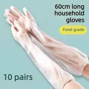 10pairs Disposable Long Sleeve Gloves, 60cm, Thickened, Elastic Cuff, Durable Clear Household Cleaning Gloves