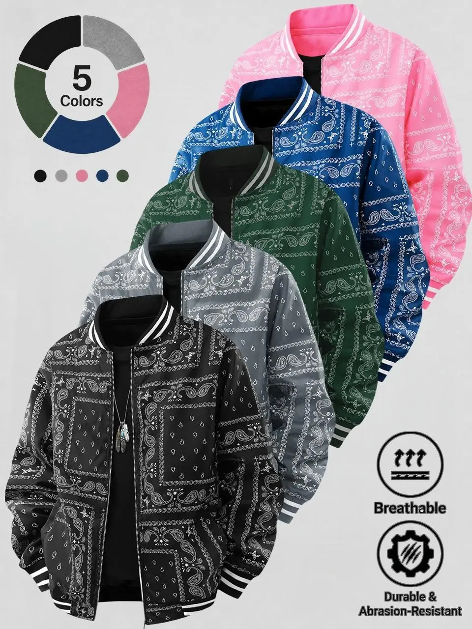 Men's Vintage Paisley Full-Print Baseball Jacket - Bandana Graphic Zip-Up Bomber Coat with Ribbed Trim for Youth Street Fashion