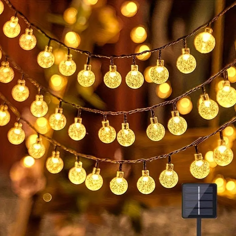 Solar-Powered Crystal Bubble Ball String Lights with 8 Lighting Modes, IP65 Waterproof. Featuring a warm glow, they’re perfect for weddings, gardens, camping trips, and holiday decorations-ideal as hanging solar lights gift