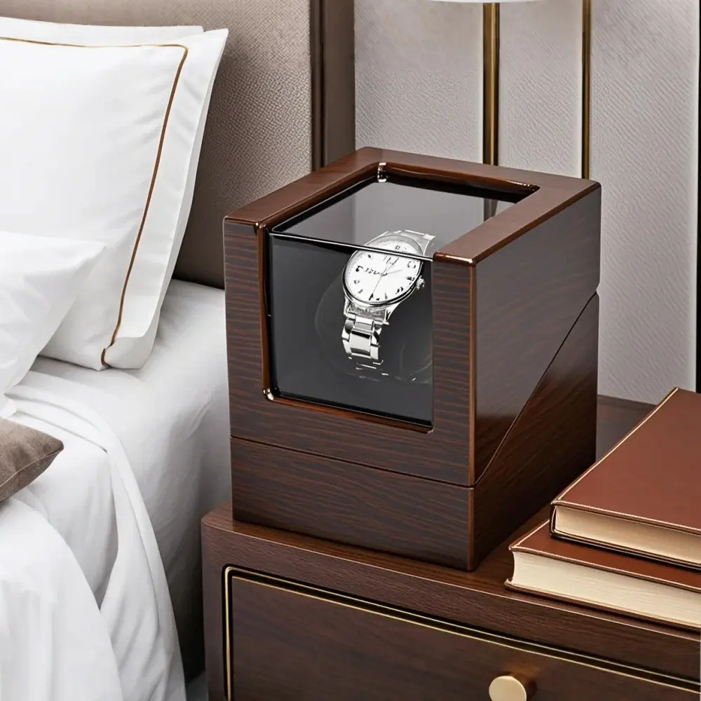 Luxury Wooden Watch Box Single Winder with Glass Storage Automatic Watch Case Battery Powered