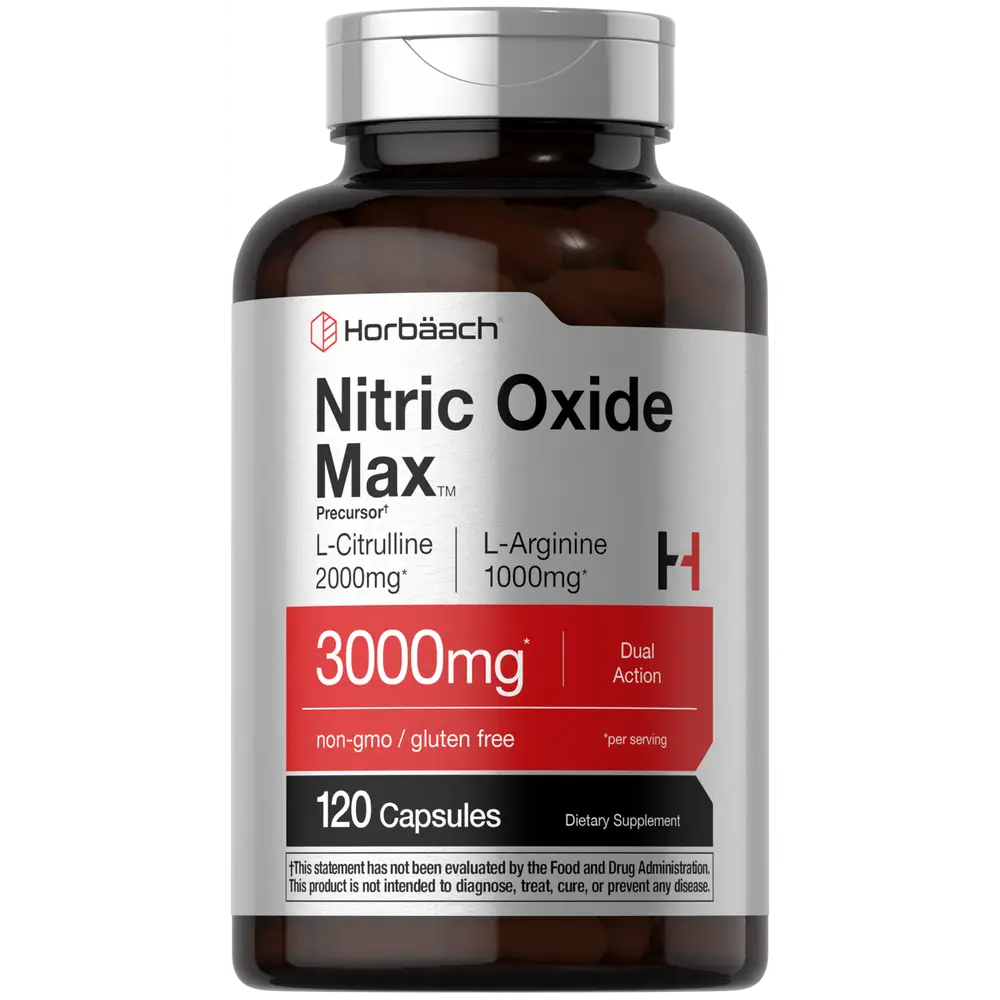 Horbäach Nitric Oxide Supplement | 3000mg | 120 Capsules | Pre Workout with L Arginine and L Citrulline for Men and Women | Non-GMO, Gluten Free Formu