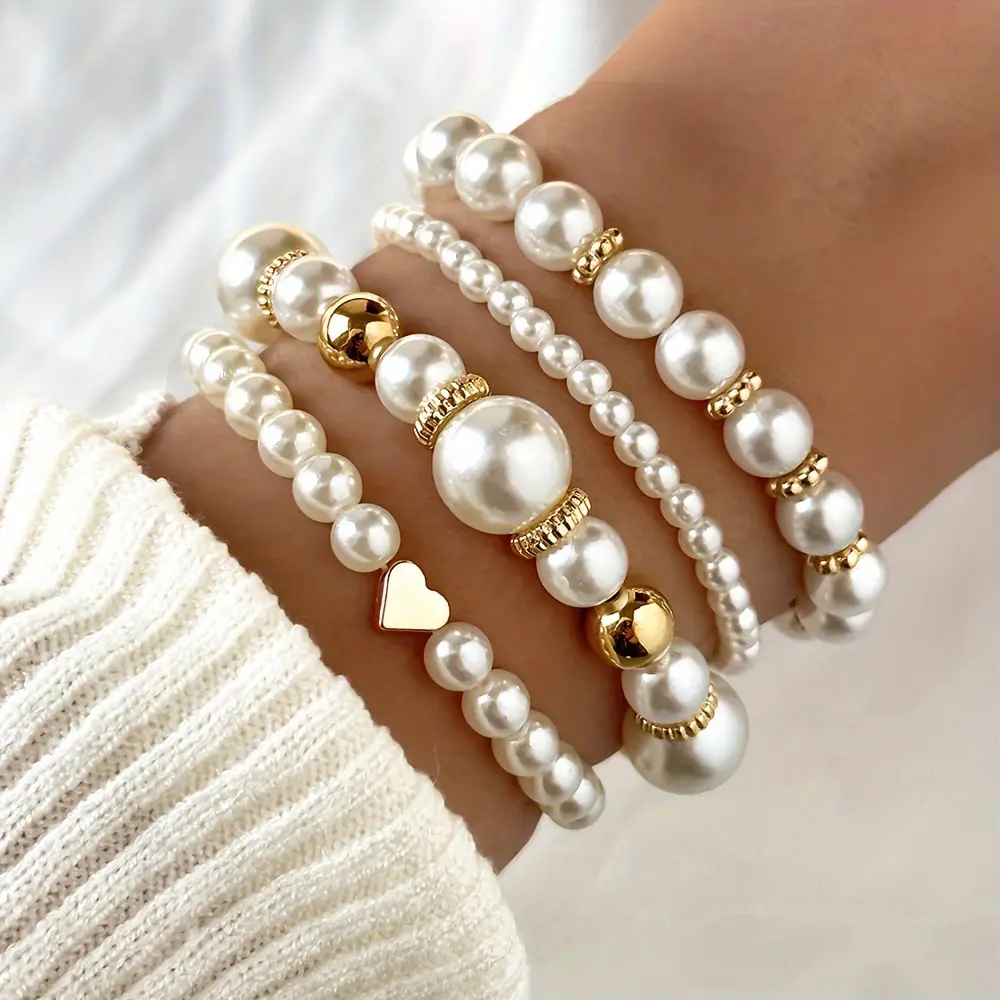 4Pcs Retro Women White Faux Pearls Beads Beaded Bracelet Set Elegant Handmade Hand String Jewelry Accessory Party Bracelet Gift