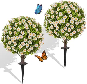 Artificial Daisy Flowers Lifelike Topiary Ball Trees with Dense Blooms 24 Inch UV Resistant Fake Plants for Indoor Outdoor Garden Patio Decor
