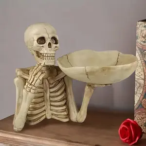 Resin Skull Tray Ornament with Bowl, Unique Skeleton Design for Halloween, Gothic Theme Home Decor, Creative Gift Idea
