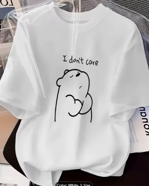 Women's Casual Cotton Short-Sleeve T-Shirt - Round Neck, Breathable, Lightweight, Loose Fit, Charming Lines, Small Bear Cartoon Print, Ideal for Spring & Autumn Outfits, Shortsleeve, Matching