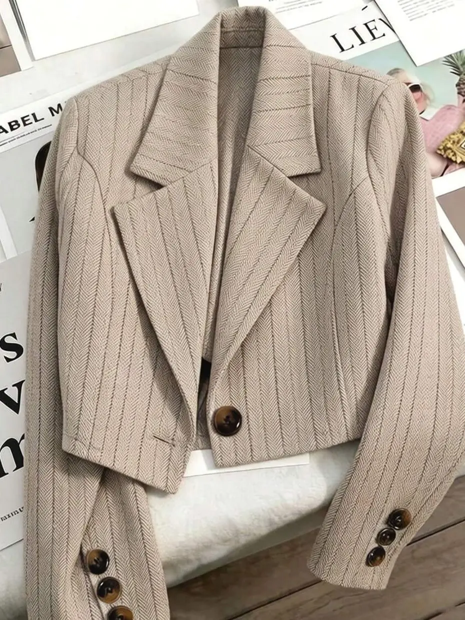 Women's Beige Striped Cropped Blazer Jacket, Long Sleeve Office Suit Coat, Business Casual Workwear, Formal Graduation Outfit, Smart Commute Outerwear