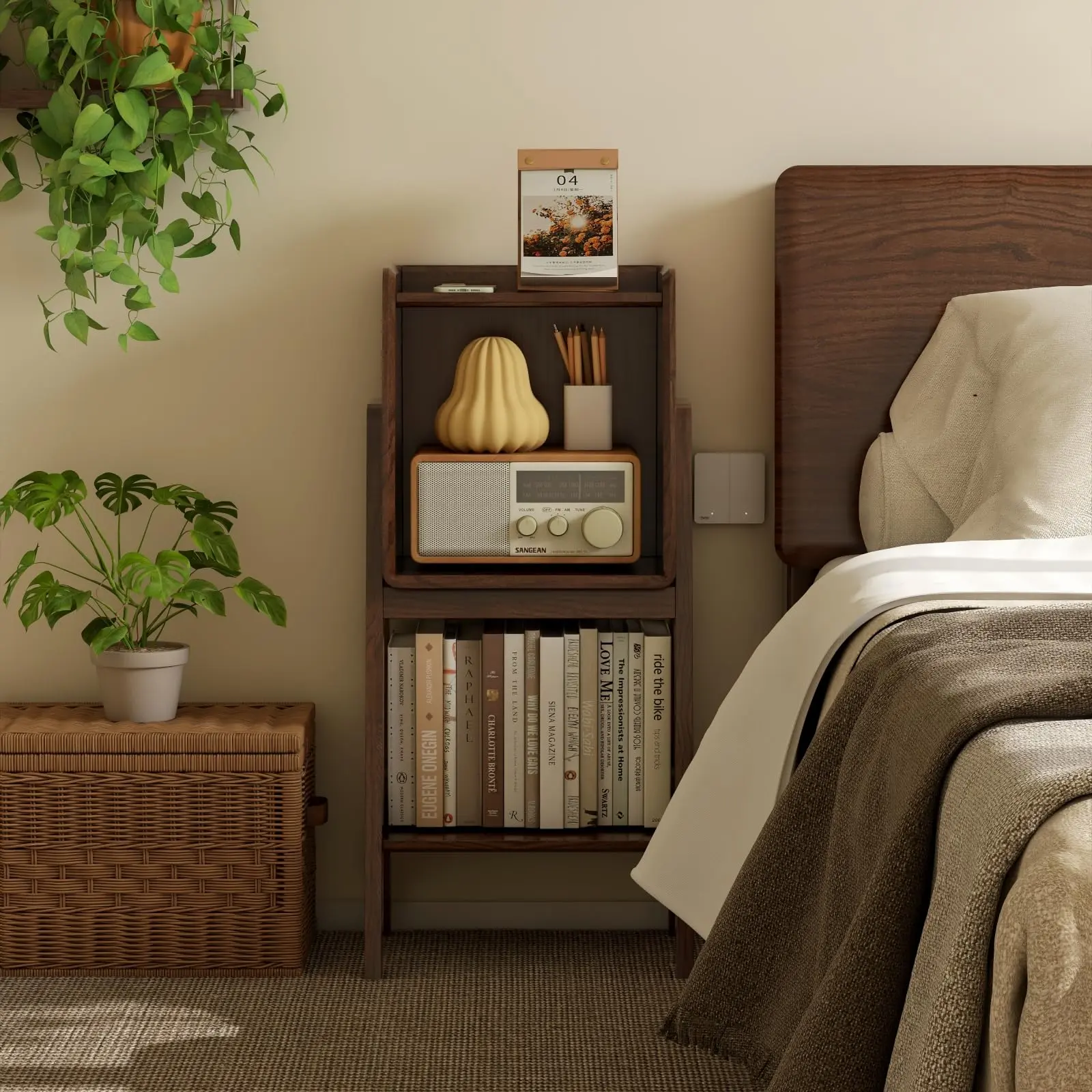 Wayshome 100% Solid Oak Ladder Shelf for Saving Place, Small Bookshelf with Stable Frame, Free Standing Display Cabinet with Open Storage for Living Room Bedroom Couch 11.02" L x 14.96" W x 32.67" H Natural/Walnut