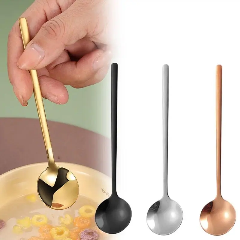 Stainless Steel Spoon Thicken Long Handle Soup Spoons Round Scoops Ice Cream Dessert Coffee Drinking Kitchen Tableware