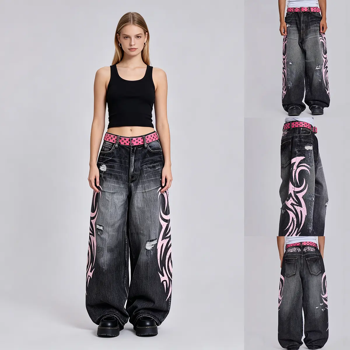 Vintage Washed Baggy Jeans Women Pink Tribal Graphic Print Distressed Ripped Wide Leg Denim Pants Y2K Streetwear Loose Skater Trousers
