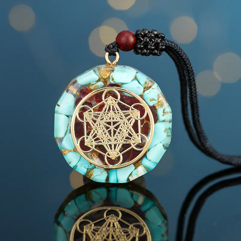Cube Orgonite Pendant Necklace with Turquoise Chips & Garnet, Spiritual Resin Amulet for Meditation, Unisex Jewelry with Adjustable Size Braided Rope, Meditation Wear, Spiritual Amulet