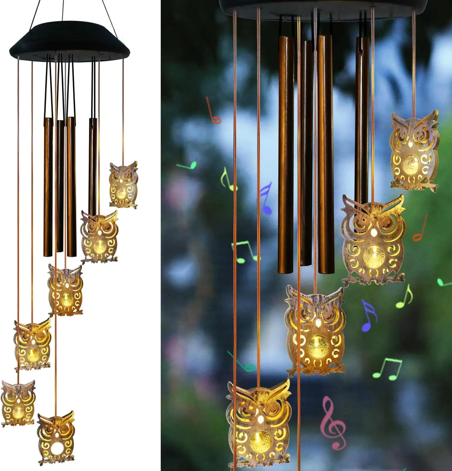 6 LED Solar Owl Wind Chimes - Waterproof IP44 Outdoor Patio Decor, Auto-Charge Hanging Warm Lights, Owl Shape Heartwarming Gift for Moms, Summerwins Garden Accessories