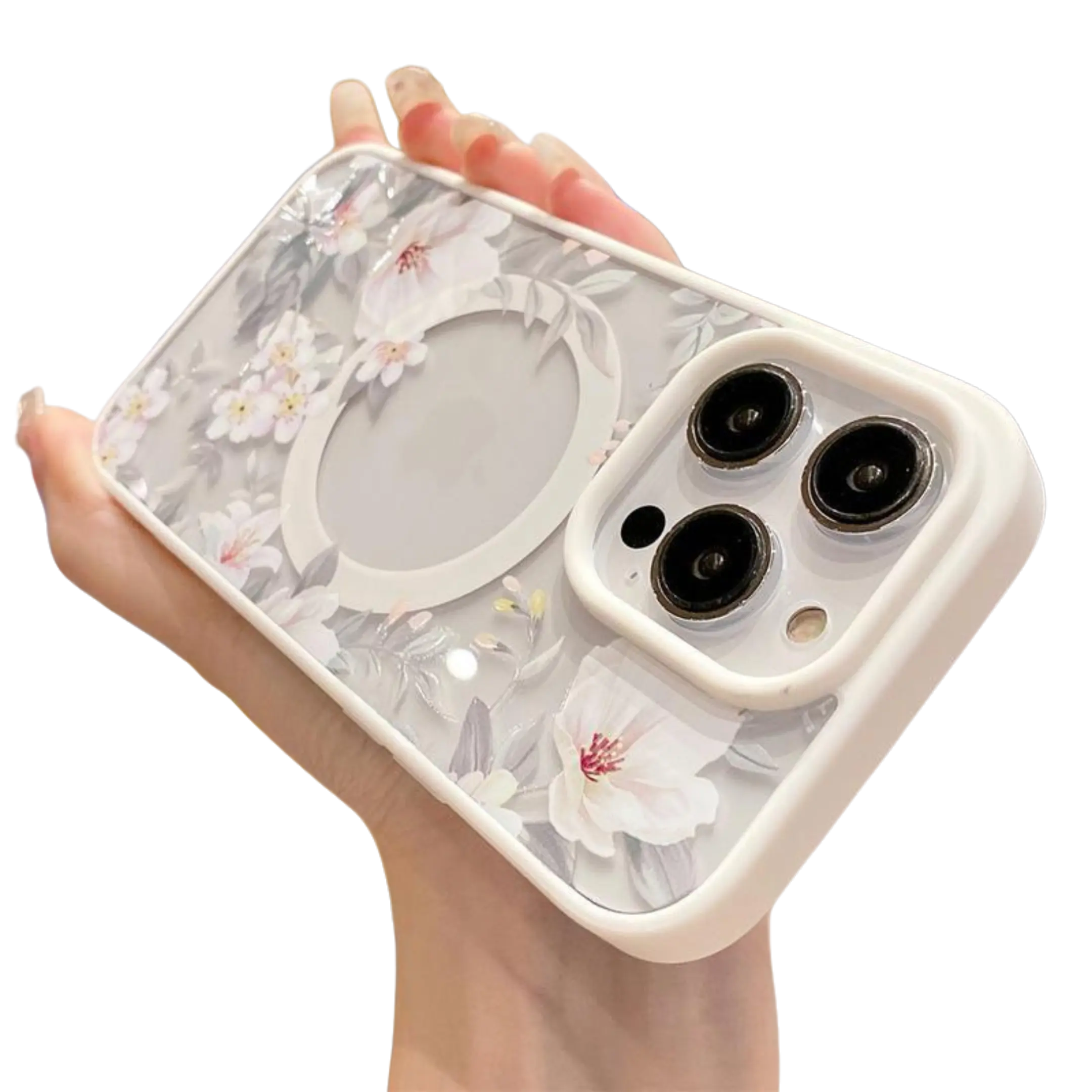 MagSafe Flexible TPU Smartphone Case with Floral Fresh White Design, Transparent Fit, Hard Bumper Protection & Magnet Charge Compatibility, Multi-Model Flexible Shell for iPhone 11/12/13/14/15/16/17 Pro Max QXE336
