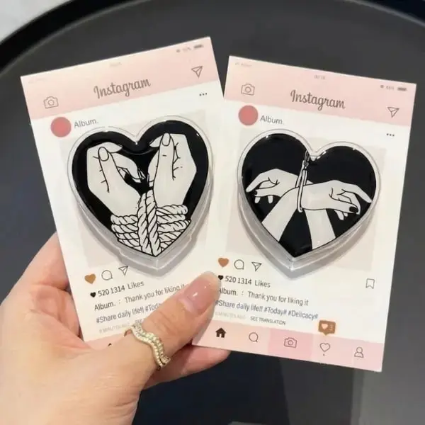 Bonded Heart" Artistic Phone Grip Clear Acrylic Griptok Set - Minimalist Black & White Hand Art Cell Phone Stand Holder, Edgy Aesthetic Kindle Ereader Ring Accessory, Unique Gift for Art Lovers