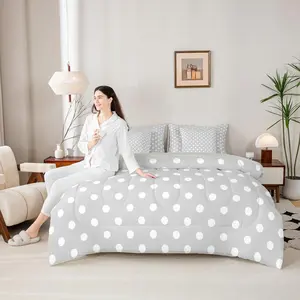 Polka Dot 7pcs Comforter Set,Cute Simple Geometric Dots Bedding Set for All Season,Grey White Cartoon Bed in A Bag with Comforter,Sheets and Pillowcases,Kids Boys Girls Room Decor