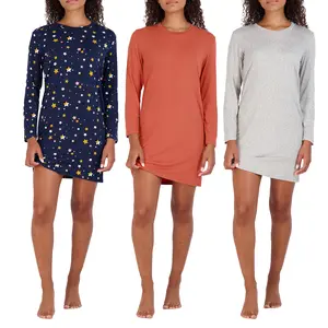 Real Essentials 3 Pack: Women's Nightshirt Long Sleeve Ultra-Soft Print Nightgown Sleep Dress (Available In Plus Size)