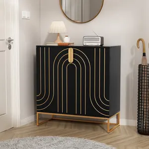 Black Double - Door Cabinet with Gold Metal Legs, Stylish Storage Unit with Art Deco - Inspired Design for Living Room, Entryway, Bedroom | Perfect for Home Decor Aficionados, Adds Glamour & Offers Ample Storage Space, Trendy, Hot Pick, Home Essential