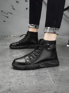 Men's British Retro  | High-Top Leather Boots | Chunky Sole Ankle Boots Walking Shoes