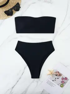 Two-piece Set Women's Solid Bandeau Bikini Set, Tie Backless Bikini Top & High Waist Swim Knicker, Ladies Swimsuit for Beach Holiday Vacation