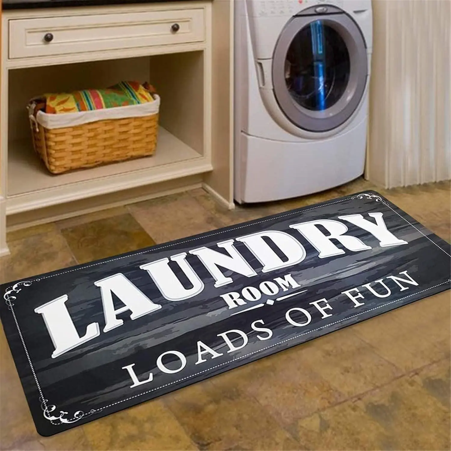 ABREEZE Black Laundry Room Runner Rug Loads of Fun Rug Cushioned anti Fatigue Non Slip Rubber Mat for Washroom Bathroom Kitchen Farmhouse Decor Laundry Mat Washer and Dryer Carpet 20X48