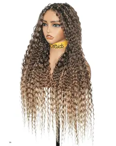 uBraids 26" Synthetic Blend Human Hair Swiss HD Lace Blend Brown Deep Wave Knotless Boho Box Braided Wig Full Lace Hand-tied Fontal Glueless With Drawstring