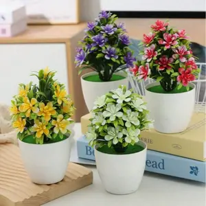 4pcs Set Random Color Realistic Plant Potted Fake Flowers Decorative Plastic Rose Bonsai Indoor Home Desktop Ornament Five-Leaf Plum Fake Indoor Plants