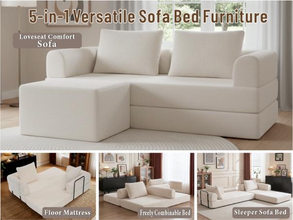 Durable Corduroy Convertible Sofa Bed - Modern Boneless Modular Futon with Fixed Arms, Folding Oversized Plush Chaise Lounge, Fully Assembled Dust-Free Vacuum Packed Bedroom Furniture for Rental Small Apartments, Budget-Friendly Nugget Couch