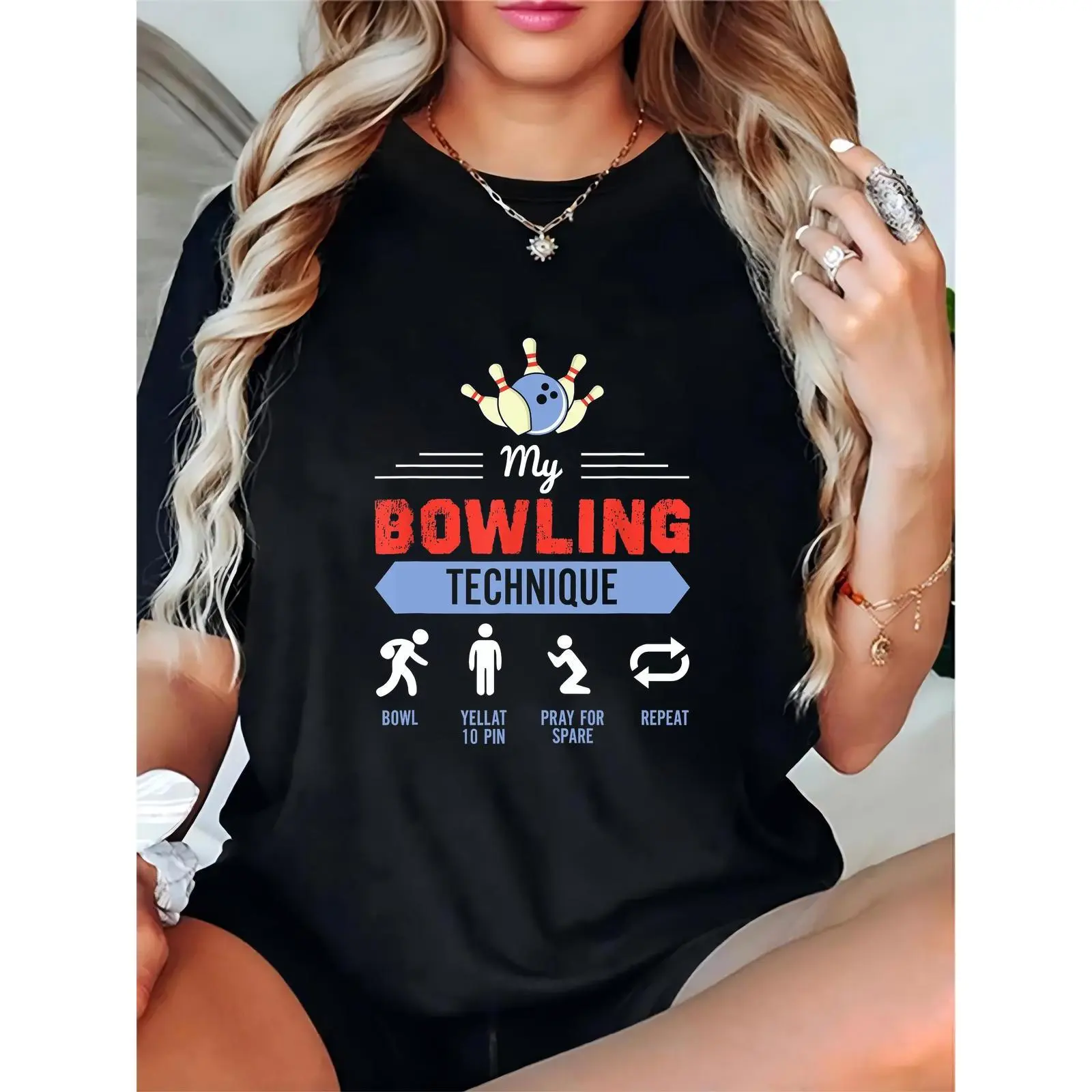 Women’s Funny Bowling Technique T-Shirt with Bowling Pins, Ball & Humorous Steps (Bowl, Yell, Pray, Repeat) – Perfect for Bowling Nights, Casual Wear