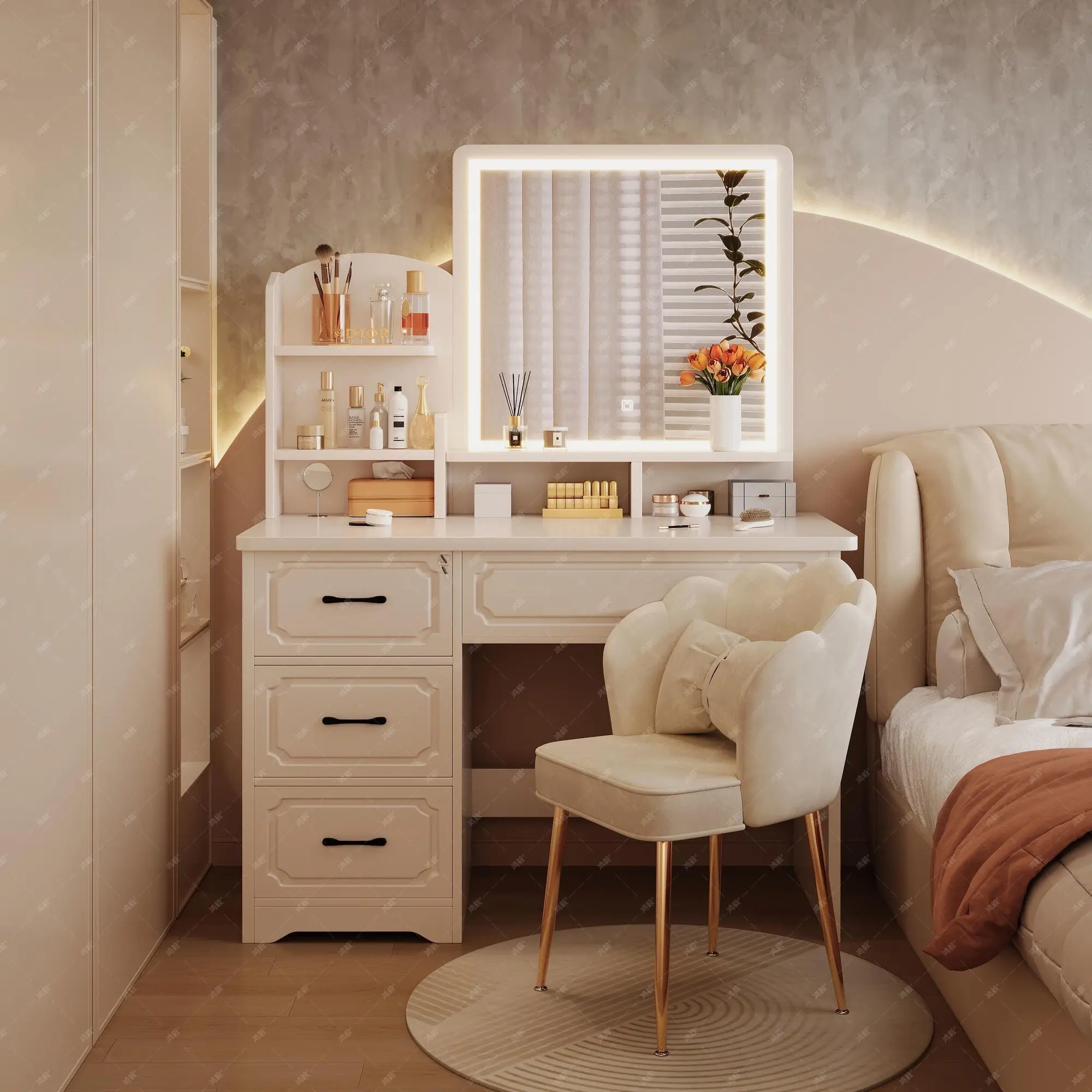 LIVELYGLOW White Makeup Vanity Desk - 34.3" Vanity Desk with HD Mirror, 10 LED Bulbs, Charging Station, 4 Drawers, Hairdryer Rack & Cushion Stool, Modern Indoor Bedroom Furniture Set, Makeup Vanity With Lights, Beauty Vanity Set