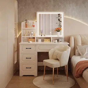 LIVELYGLOW White Makeup Vanity Desk - 34.3" Vanity Desk with HD Mirror, 10 LED Bulbs, Charging Station, 4 Drawers, Hairdryer Rack & Cushion Stool, Modern Indoor Bedroom Furniture Set