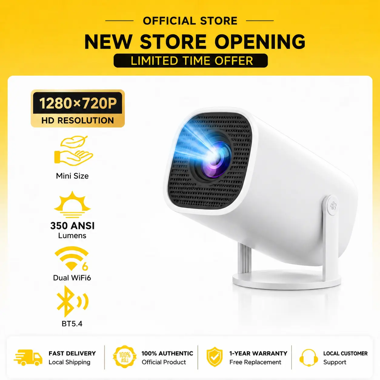 Mini Projector 350ANSI 720P Native with 4K Decode - Portable Home Cinema for Bedroom & Living Room, Real 1080P Upscale, Android 13, Dual WiFi6, Bluetooth 5.2, Auto Keystone, 130" Screen, US Stock