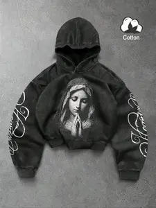 Unisex Vintage Street Style Hoodie, Praying Virgin Print Hoodie, Distressed Black Handwritten Font Pattern, Short and Loose Fit, Religious Dark Style Streetwear, Trendy Wear Item, Suitable for Fashion Enthusiasts, Couple Outfits, Men's Gift, Graphic