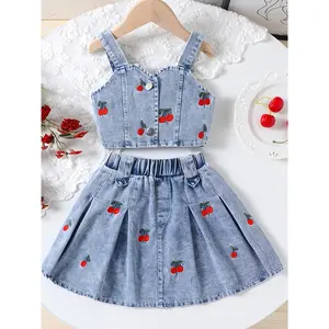 2pcs Summer Girls' Cherry Embroidered Denim Vest Top + Cherry Embroidered Denim Skirt Set, Perfect for Outdoor