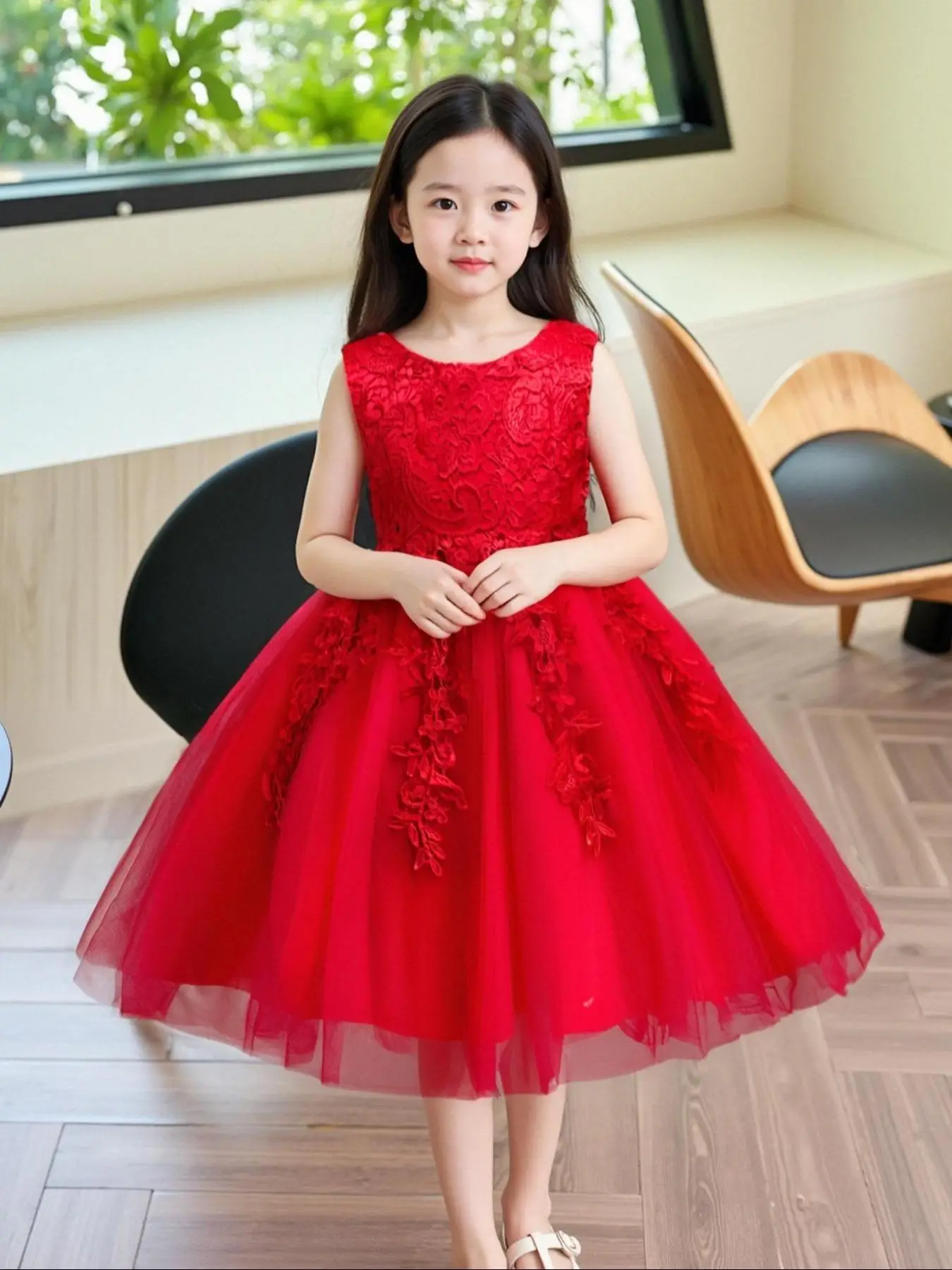 Girl's Contrast Lace Appliques Big Bow Decor Tulle Dress, Elegant Sleeveless Round Neck Midi Dress for Party Performance Wedding Guest, Kids Clothes f