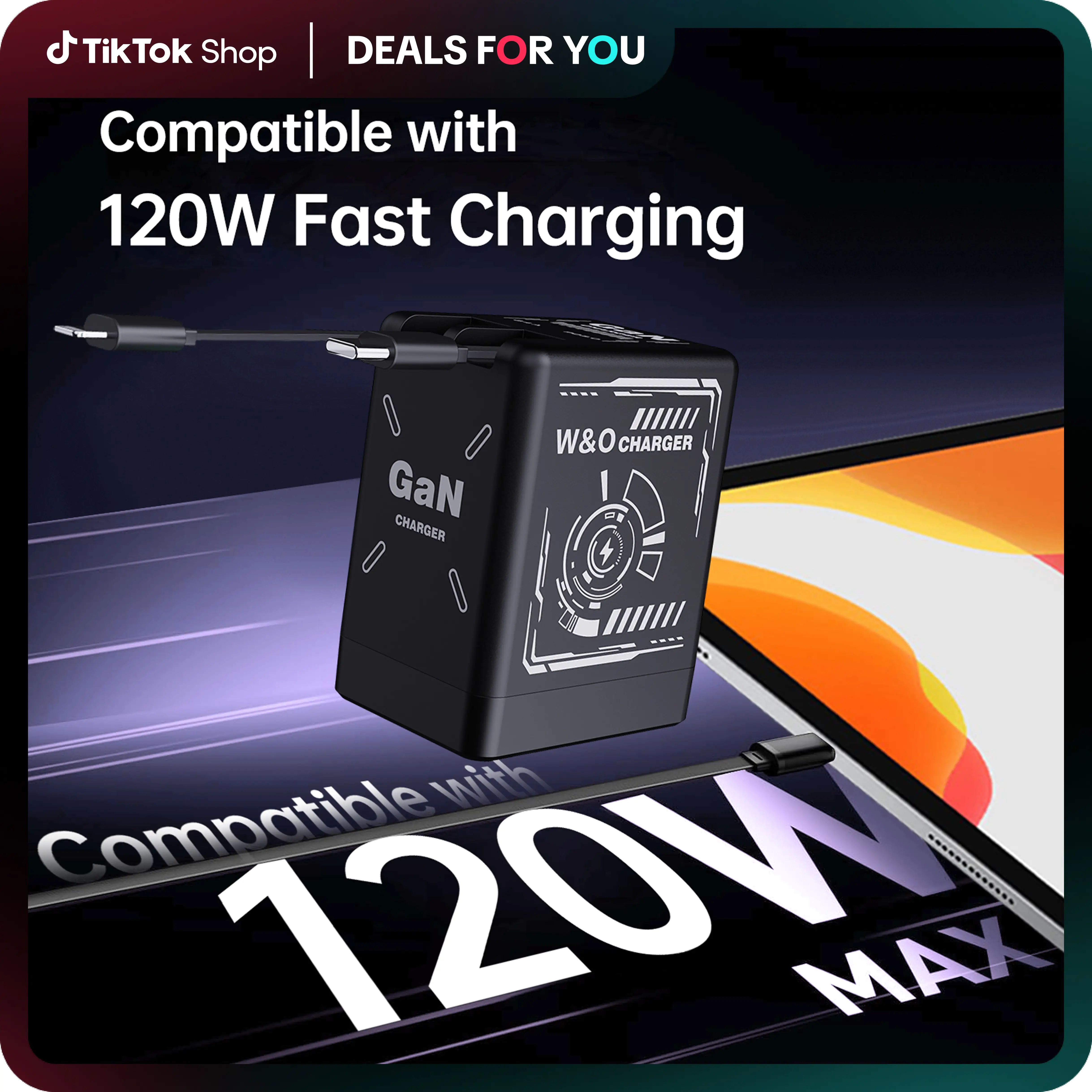 W&O 2 in 1 GaN Charger(Type C/Lightning), 120W Compatible Fast Charger, Retractable Wall Charger, Foldable Plug for iPhone, Fast Charging Power Adapte