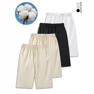 4-Pack Men’s 100% Cotton 7/8 Length Casual Shorts, Elastic Waist, Loose Straight Fit, Cropped, Breathable Solid Color for Summer