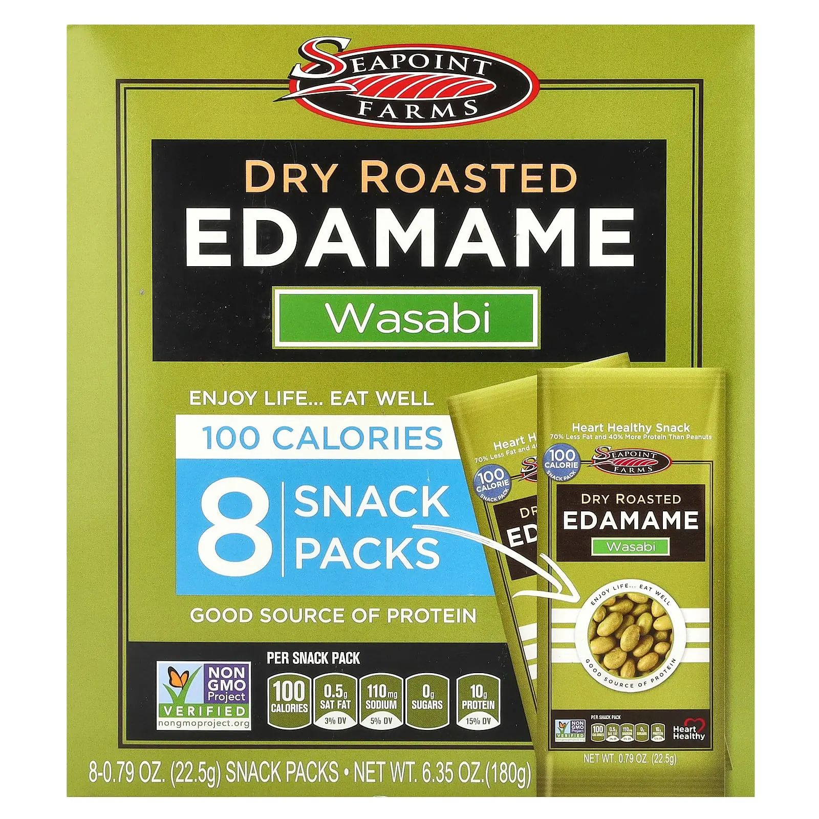 Seapoint Farms Dry Roasted Edamame, Wasabi, 8 Snack Packs, 0.79 oz (22.5 g) Each