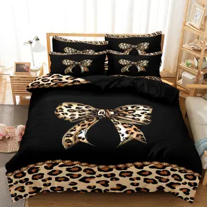 3pcs Fashion Leopard Bow Print Duvet Cover Set, 1 Duvet Cover + 2 Pillowcases (No Pillow Inserts), High-Definition Print For Home & Dorm, Dorm Essentials, Bedroom Set, Trendy Design, Machine Washable
