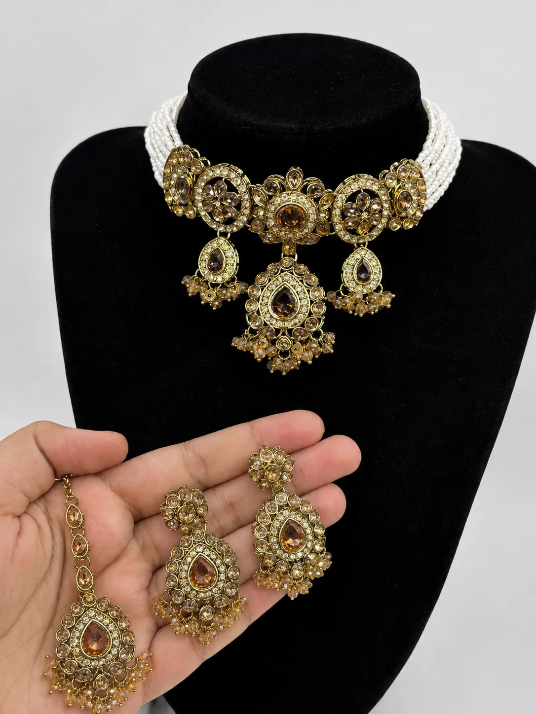 Indian Kundan Pearl Choker Necklace Set | Bridal Jewelry Set | Pakistani Wedding Jewelry | Ethnic Gold Necklace Set | Maang Tikka Earrings