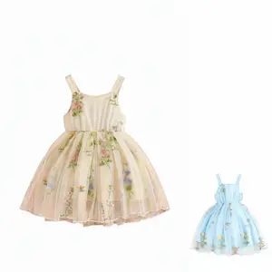 Toddler Girl Floral Embroidery Pearl-Strap Tulle Dress 9M-4Y Sleeveless Polyester Ivory Light Blue Cinched Waist Flowy Skirt for Casual & Special Occasions