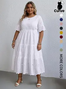 【Plus Size】 Plain Eyelet Embroidery Dress, Boho Fashion Round Neck Dress for Daily Holiday Vacation Wear, Women Plus Clothing for SummerGift
