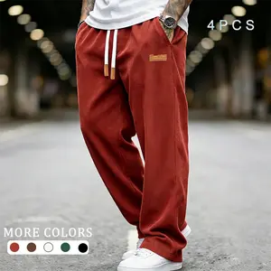 Pack Of 4 Men’s Casual Loose Long Pants Elastic Waistband Wide Leg Athletic Pants Tag Decoration Lightweight And Breathable Wide Straight Cut Solid Color Versatile Available In Multiple Colors