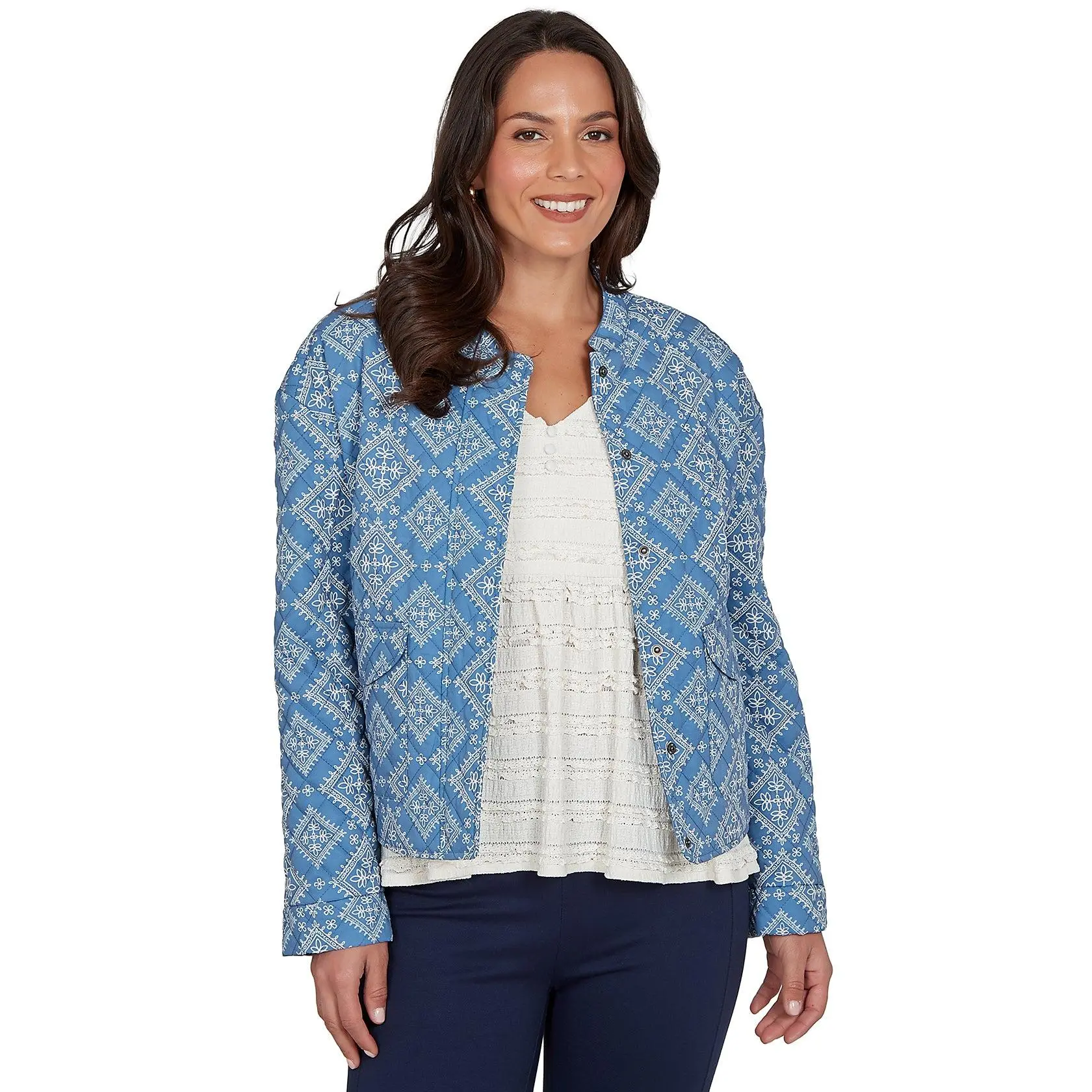 JACKET *MISSY* BLUE CREAM COLLARLESS QUILTED