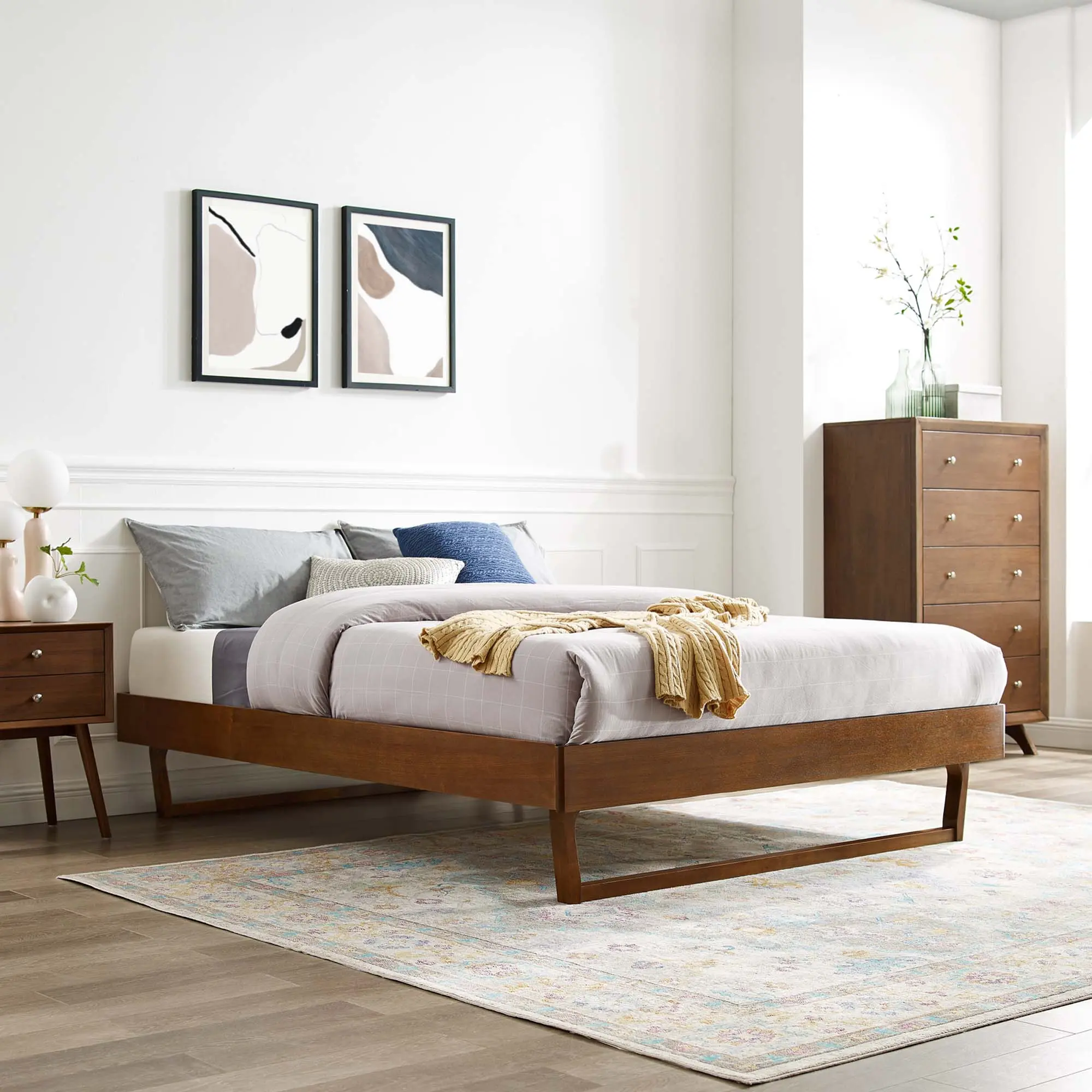 Modway Billie Twin Sturdy Platform Bed Frame - Walnut Wood Composite, Modern Wooden Headboard, Interchangeable Headboards, Wooden Construction for Guest Bedroom