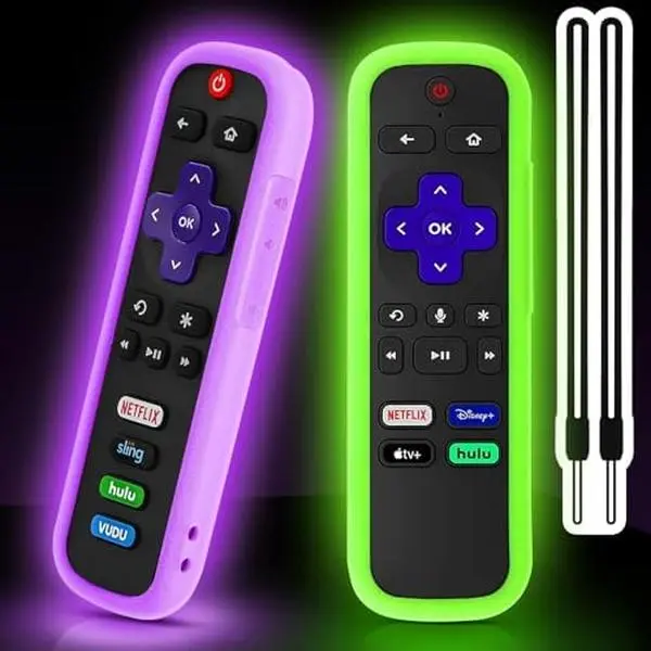 2 Pack Remote Cover for Roku, Battery Cover for TCL Roku Smart TV Steaming Stick Remote, Silicone Remote Case for Roku Universal Protective Controller Sleeve Skin Glow in The Dark Green Purple