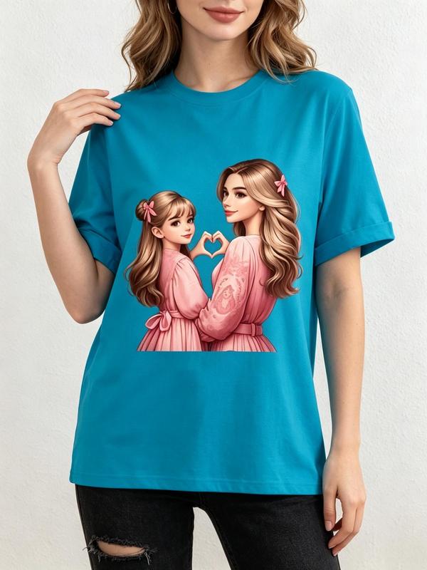 Mom Daughter Pink Dress Heart Hand Graphic T Shirt Women Sweet Family Matching Print Short Sleeve Tee Gift For Mommy