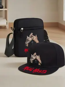 Hiphop Gesture Letter Print Baseball Cap Graphic Trucker Hat and Crossbody Bag Set, Street Fashion Outdoor Sports Hat and Shoulder Bag, Adjustable Gift