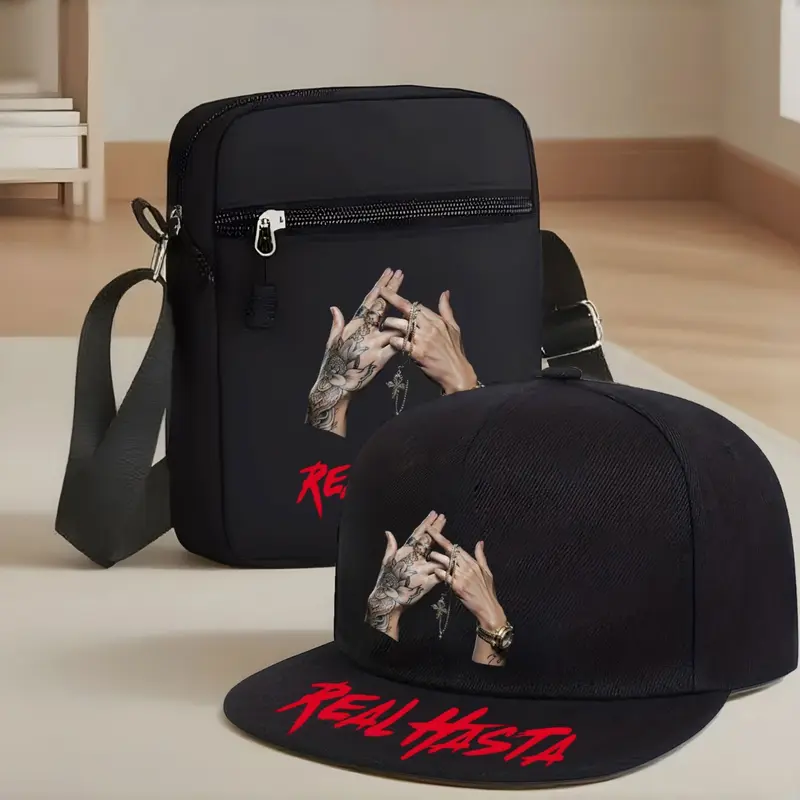 Hiphop Gesture Letter Print Baseball Cap Polyester Cap Graphic Trucker Hat and Crossbody Bag Set, Street Fashion Outdoor Sports Hat and Shoulder Bag, Adjustable Gift